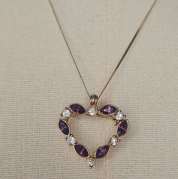 Vintage Gold-Tone Amethyst Rhinestone Heart Brooch Pendant - Picture 2 of 7